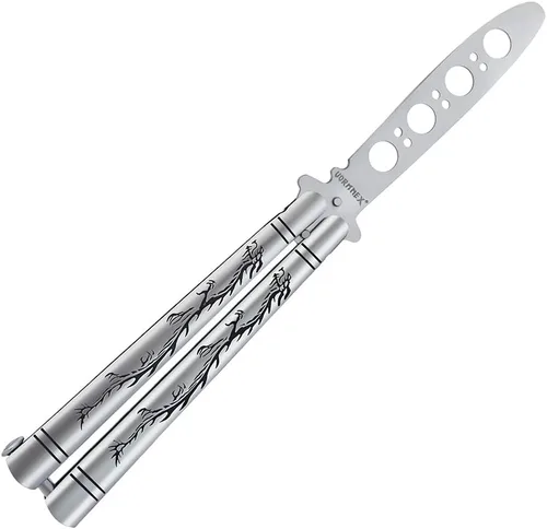 Vornnex, cuchillo mariposa de práctica, hoja desafilada de acero inoxidable para entrenamiento, dragón negro (plateado)