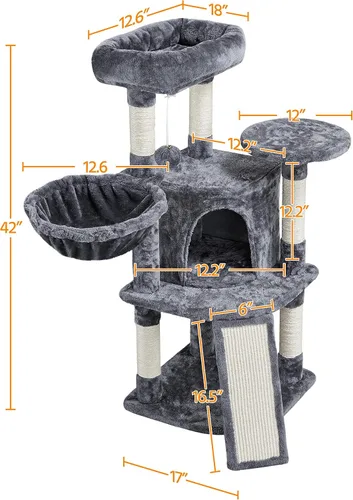 Miniatura 3 de Topeakmart Árbol para gatos, muebles para gatos de varios niveles de 42 pulgadas con perca, postes rascadores, hamaca y condominio, gris oscuro