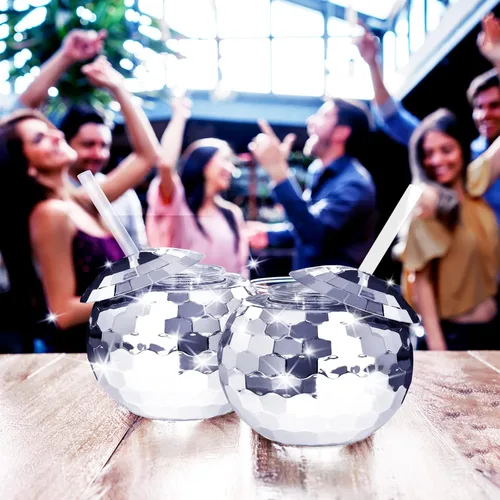 Miniatura 6 de 6 tazas de bola de discoteca esféricas plateadas, bola de disco flash, taza de cóctel, taza de cóctel con purpurina brillante con tapa y pajita