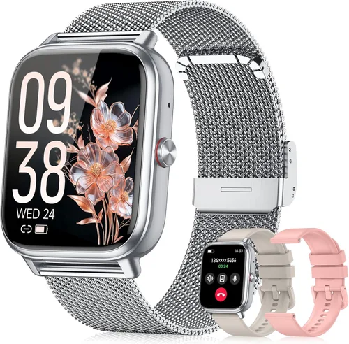 Reloj inteligente para mujeres y hombres, batería de 1000 mAh, contador de actividades, compatible con Android iPhone iOS, 3 correas Plateado
