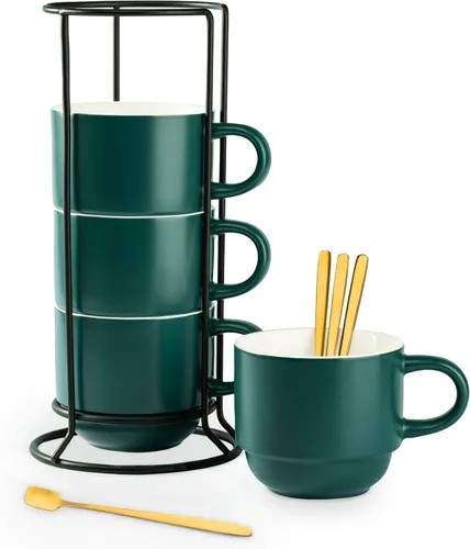 YHOSSEUN Tazas de café apilables, juego de 4 tazas de café con estante y cucharas, juego de tazas de té de 11 onzas para bebidas espresso, capuchino