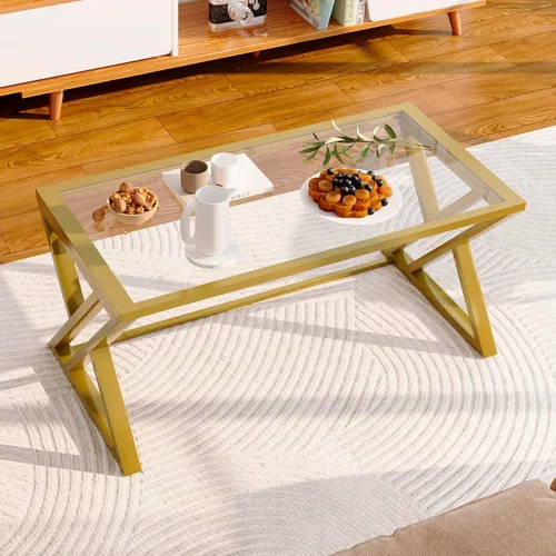 Miniatura 6 de Wolawu Mesa de Centro de Cristal Dorado Mesa de Centro de Cristal para Sala de Estar, Mesa Central Rectangular Moderna con Marco de Metal dorado