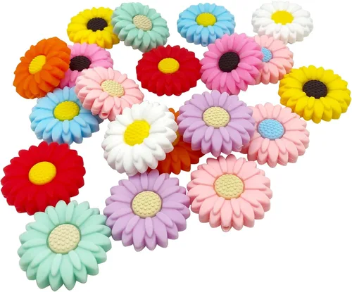 Miniatura 3 de 20 cuentas focales de silicona de margaritas coloridas, 1.181 in, flores sueltas, accesorios para manualidades, llaveros, pulseras, collares