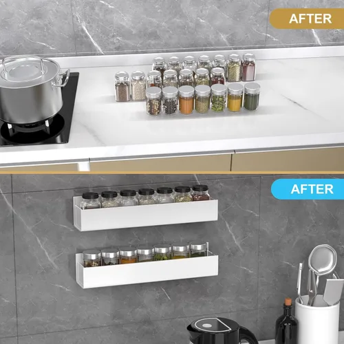 Miniatura 6 de PMMASTO Organizador de especias acrílico adhesivo para pared con cinta nano de doble cara, organización de estante de especias para puerta de Blanco