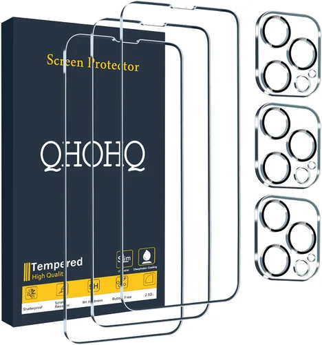 QHOHQ Paquete de 3 protectores de pantalla para iPhone 13 Pro de 6.1 pulgadas con 3 protectores de lente de cámara de vidrio templado, Ultra HD,