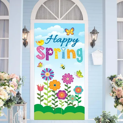 Miniatura 5 de Whaline Decoración de cubierta de puerta con texto en inglés «Hello Spring» con diseño floral de primavera para puertas delanteras, pancarta