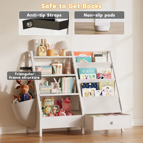 Miniatura 6 de Estantería infantil y organizador de almacenamiento de juguetes, estantería Montessori de 3 niveles para bebés y niños pequeños con bolsillos