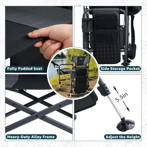 Miniatura 5 de Sillas de pesca X Strike con soporte para cañas, silla plegable para pesca en hielo para adultos, silla de camping al aire libre con patas Negro&gris