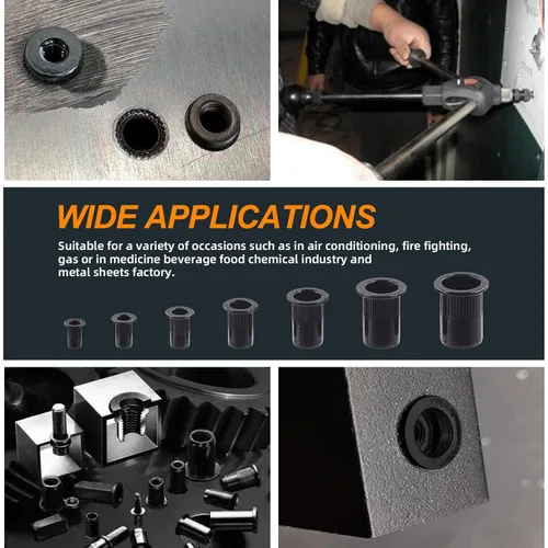 Miniatura 7 de 100 tuercas de remache M6 de acero al carbono negro chapado en zinc tuercas de remache moleteadas cabeza plana remaches roscados tuercas de inserción