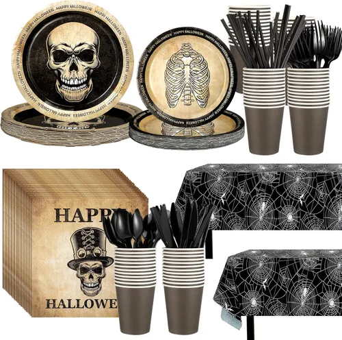 Sliner 227 piezas de decoración gótica para fiesta de Halloween, diseño de calavera, suministros vintage, juego de vajilla que incluye mantel para