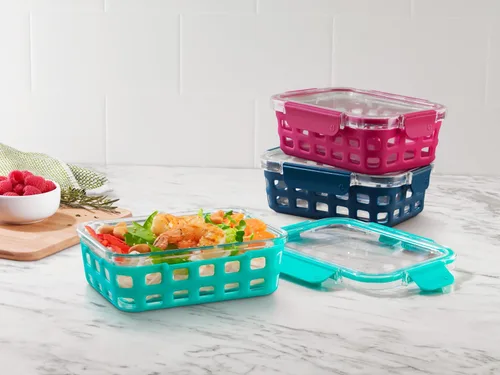 Miniatura 6 de Ello Duraglass - Juego de 3 recipientes de vidrio para almacenamiento de alimentos de 3.4 tazas con funda de silicona y tapas de plástico herméticas