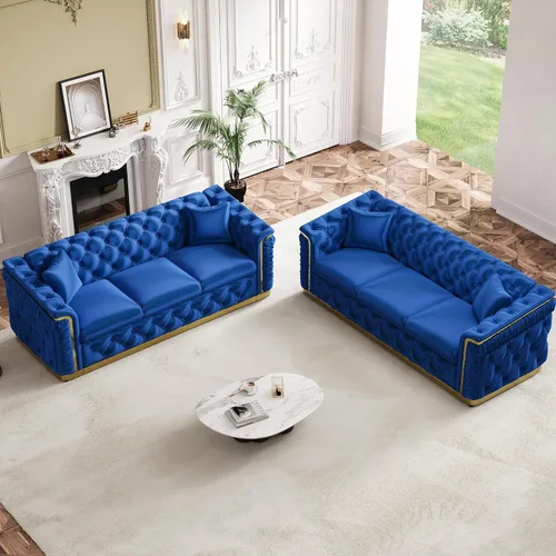 Miniatura 21 de Juego de 2 sofás Chesterfield de lujo, sofá victoriano copetudo negro y dorado, moderno de mediados de siglo, juego de sofás de 3 plazas para sala