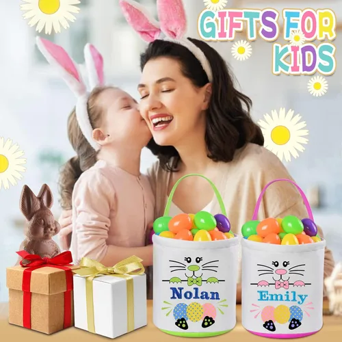 Miniatura 7 de 2 cestas de Pascua rosas para niñas y niños, cesta de huevos de Pascua, regalos de Pascua, cesta de Pascua para niños, cesta de caza de huevos de 2