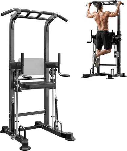 SogesPower Power Tower - Barra de dominadas para gimnasio en casa, multifunción, ajustable, altura ajustable, equipo de entrenamiento de Negro