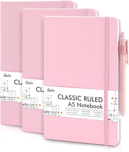 Miniatura 25 de feela Paquete de 3 Cuadernos Diarios a Granel, Cuaderno de Tapa Dura Clásico con Rayas Rayado Diarios con Soporte para Bolígrafo para Mujeres Niñas