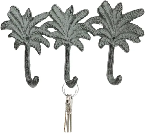 Miniatura 2 de Ebros Gift Paquete de 2 figuras de hierro fundido Verdigris Tropical Paradise Beach, 3 palmeras de coco, 3 clavijas, ganchos de pared triples