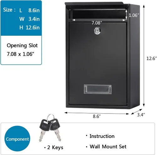 Miniatura 4 de Buzón con cerradura de llave, buzones de bloqueo montados en la pared, caja de bloqueo de caída de pequeña capacidad para exteriores, color negro