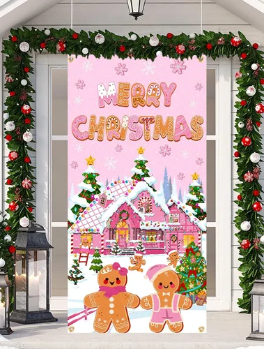 Miniatura 8 de Decoración de fondo navideño de pan de jengibre - Suministros festivos rosados alegres, accesorios de fotos de Candyland para decoración de letrero