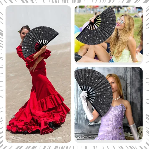 Miniatura 5 de Thyle Abanico grande con purpurina para bailar en línea, 6 unidades, color negro, aplaudiendo, regalos de fiesta, regalo para festivales Edm