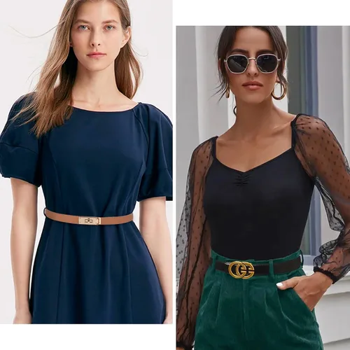 Miniatura 215 de Cinturón de cuero clásico con hebilla de metal para mujer con vestido de jeans
