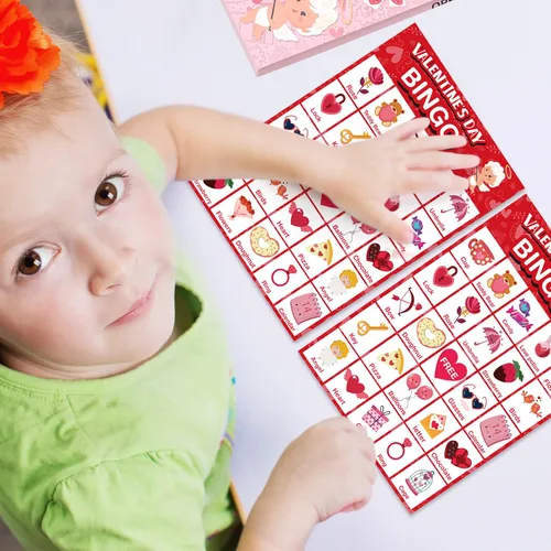Miniatura 5 de V-Opitos Tarjeta de juego de bingo de gran tamaño para el día de San Valentín para niños y adultos, 24 jugadores, juego de San Valentín