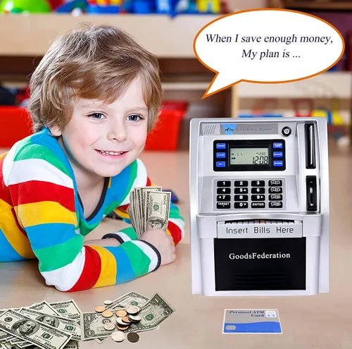 Miniatura 5 de Alcancía estilo cajero automático para dinero real para niños y adultos, alcancía de juguete con tarjeta, contraseña, reconocimiento de monedas