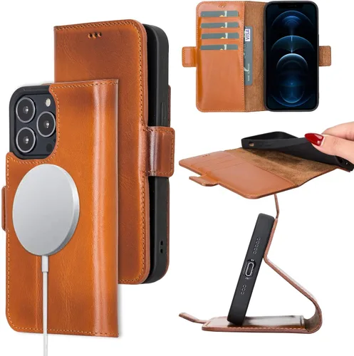Miniatura 11 de Bayelon Funda para iPhone 13 Pro Max, funda de piel de grano completo, funda magnética con ranuras para tarjetas, función atril (bronceado rústico)