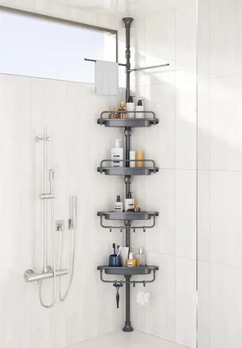 Miniatura 8 de XLHOMO Organizador de Ducha de Esquina con Barra de Tensión de 32 a 122 pulgadas, Todo Blanco, Estantes de Ducha Inoxidables Sin Taladro para Baño