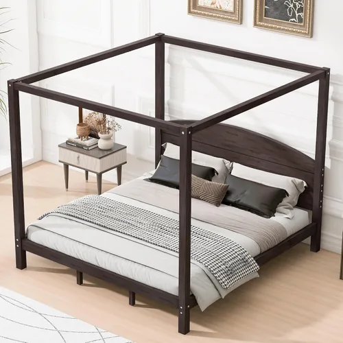 Miniatura 9 de Linique Cama de plataforma tamaño King con cabecera y patas de soporte, marco de cama King de madera con cuatro pósteres, no requiere somier, gris