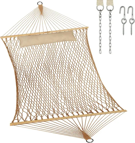 Miniatura 10 de JoyView Hamaca doble de cuerda tradicional, hamaca de algodón tejida a mano con barra separadora de madera dura y almohada, capacidad de 450 libras