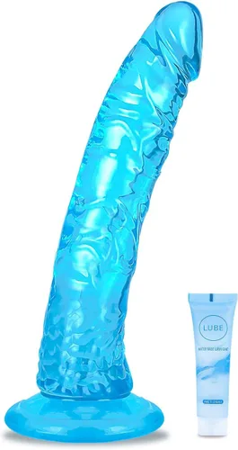 Miniatura 13 de Juguetes sexuales suaves y realistas de 9.4 pulgadas con ventosa para jugar con manos libres, pene grueso azul-morado adecuado para Violeta-Azul