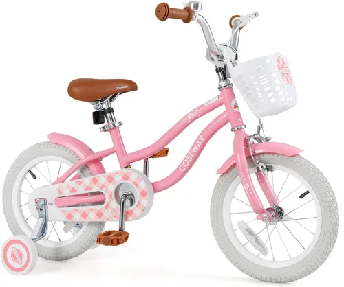Miniatura 32 de COSTWAY Bicicleta para niños de 12, 14, 16, 18 pulgadas, bicicleta para niños con ruedas de entrenamiento, frenos de mano y posavasos, sillín