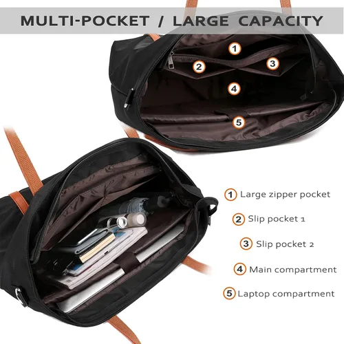 Miniatura 5 de Bolsa de mano impermeable ligera para mujer, maletín de nailon para computadora de trabajo, hombro para laptop de 15.6 pulgadas, XL