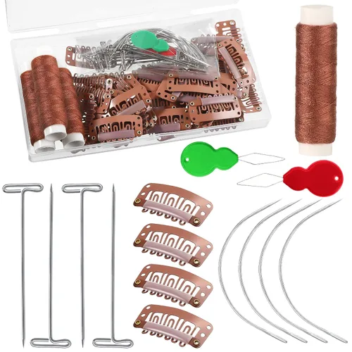 Miniatura 10 de Juego de 85 extensiones de cabello con clip, incluye 50 clips a presión en forma de U, 10 agujas curvas, 20 pines en T, 3 rollos de hilo de tejer, 2
