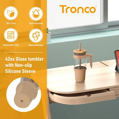 Miniatura 4 de Tronco Vaso de vidrio de 40 onzas con popote y tapa, taza de café helado reutilizable con asa, botellas de agua de vidrio para batidos, se adapta a