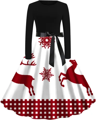 Vestidos largos de Navidad para mujer, manga completa, cuello redondo, dobladillo oscilante, vestido de retazos, vestido arrugado para fiestas