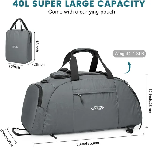 Miniatura 2 de G4Free Mochila de lona de 40L de tres usos para gimnasio, mochila para hombre y mujer, mochila deportiva con compartimento para zapatos, mochila