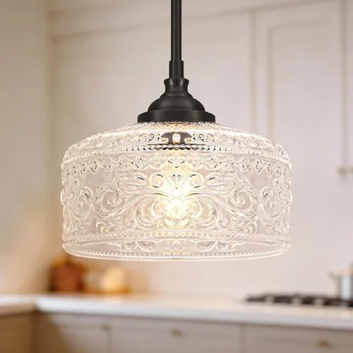 Miniatura 21 de 3 luces colgantes ajustables para isla de cocina, metal cepillado dorado y vidrio transparente, luces colgantes de latón vintage para baño, pasillo