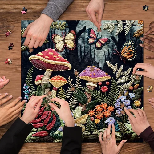 Miniatura 7 de Rompecabezas de jardín de hongos para adultos de 1000 piezas, rompecabezas de mariposa de hongos del bosque, rompecabezas de flores, naturaleza