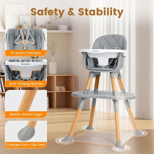 Miniatura 3 de Ezebaby Silla Alta para Bebé, Silla Alta Convertible 8 en 1 a Asiento Elevador/Silla para Niño/Juego de Silla y Mesa, Silla Alta de Madera con Gris