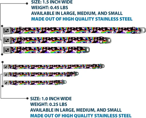 Miniatura 3 de Buckle-Down Collar de perro con hebilla de cinturón de seguridad, unicornios/arco iris negro, 1 pulgada de ancho, se adapta a cuello de 9 a 15