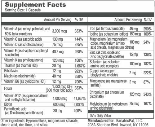 Miniatura 9 de BariatricPal Multivitamínico UNO 1 por día! Cápsula multivitamínica bariátrica con 45 mg de hierro Cápsula fácil de tragar Vitamina