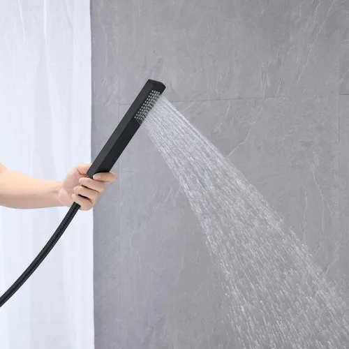 Miniatura 6 de Wowkk Grifo de bañera independiente Llenador de bañera Negro Montaje en el piso Grifos de baño Latón Manija única con ducha de mano
