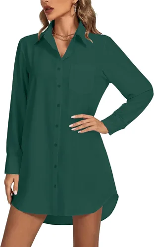 Miniatura 9 de LYANER Vestido camisero para mujer con cuello en V, botones, manga larga y dobladillo curvado