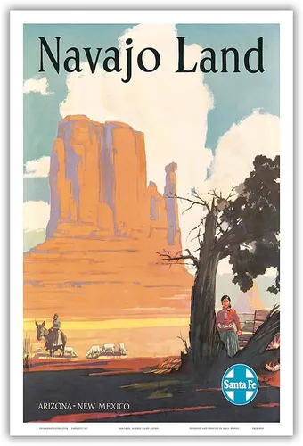 Navajo Land - Arizona New Mexico - Ferrocarril de Santa Fe - Valle del monumento de la nación Navajo - Póster vintage de viaje en ferrocarril por