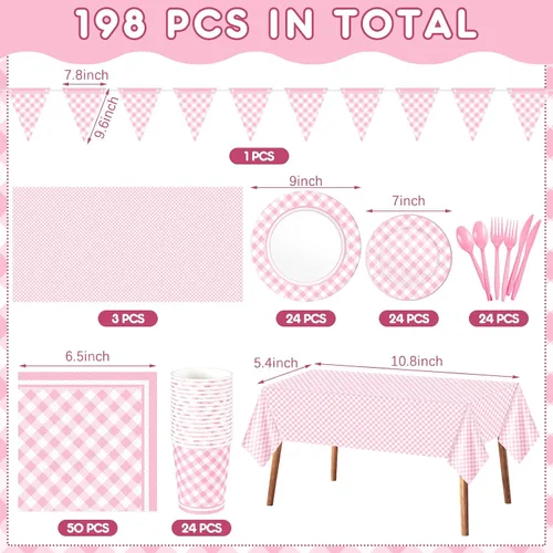 Miniatura 2 de Preboun 198 piezas de suministros de fiesta a cuadros para 24 invitados, mantel a cuadros, banderín, placa, servilleta y cubiertos para picnic, Rosa
