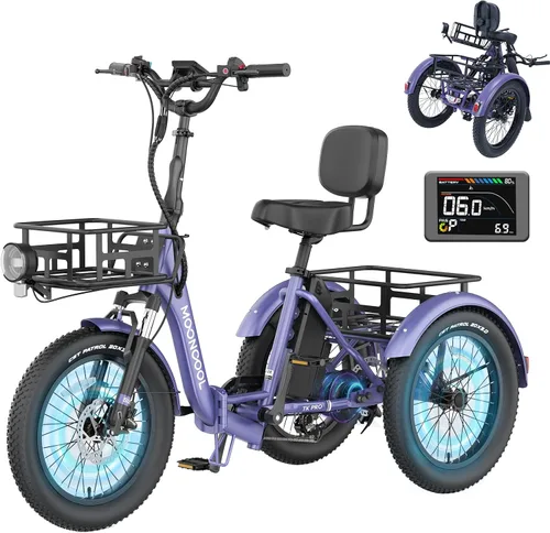Miniatura 14 de MOONCOOL Triciclo eléctrico para adultos, 500 W/750 W 48 V, triciclo eléctrico plegable de potencia máxima 1100 W, neumático grueso de 20 x 3.0