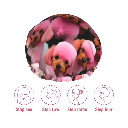 Miniatura 7 de Gorro de ducha reutilizable con estampado de cerdo rosa para mujer, doble capa impermeable, gorro de baño de secado rápido