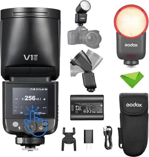 Godox V1 MID C TTL Flash para Canon, pantalla táctil de cabeza redonda flash de viaje | 1.7s Recycle, 650 Full Power Pops, 2W Modeling Lamp, TTL/HSS