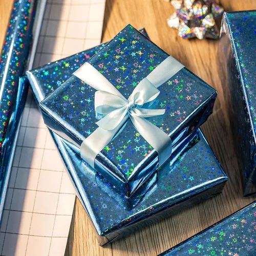 Miniatura 5 de Merture - Rollo de papel de regalo holográfico azul, papel de regalo azul con diseño de galaxia brillante para cumpleaños, baby shower, Navidad, día